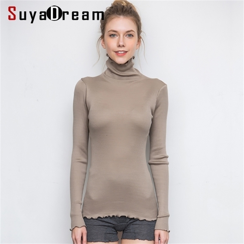 SuyaDream Women Solid Turtleneck Pullovers 80%Silk 20%Cotton Slim Fit Rib Sweaters Autumn Winter Bottoming Knit wear 201030wtt