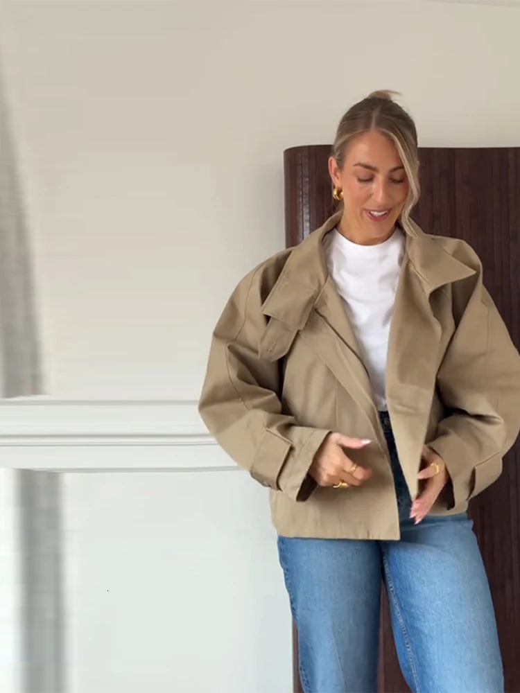 Fashion Womens Trench Jacket Stand Collar Single Breasted Long Sleeve Casual Outerwear 2025 Autumn Street Lady Short Coats 250929