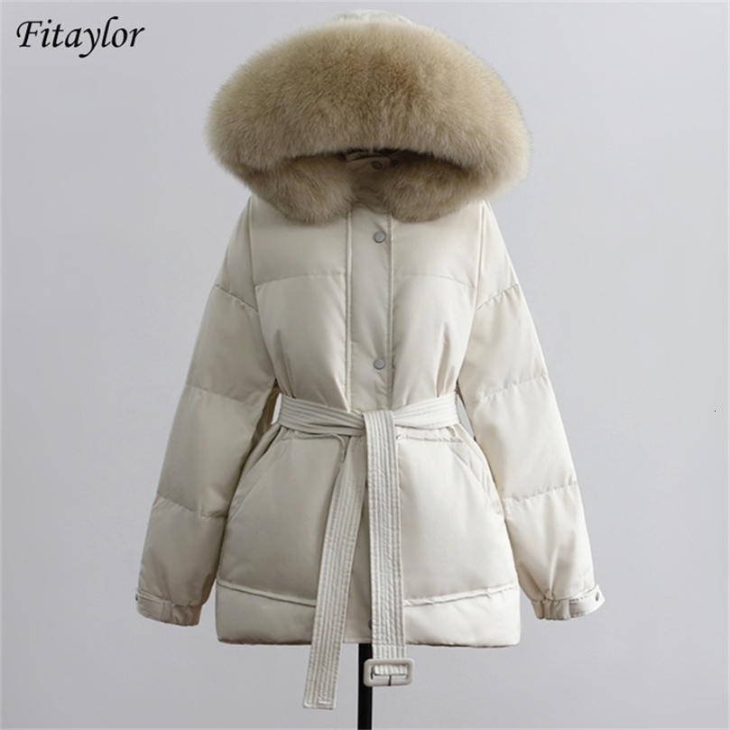 Fi Winter Large Natural Fur Collar Hooded Jacket Women with Belt Thickness Snow Warm Parkas 90% White Duck Down Loose Coat 211221wtt