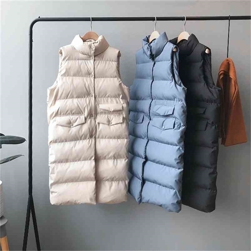 Women Winter Vest Coat Stand Collar Long Warm Tops Chaleco Mujer Gilet Casaco Feminino 210909wtt