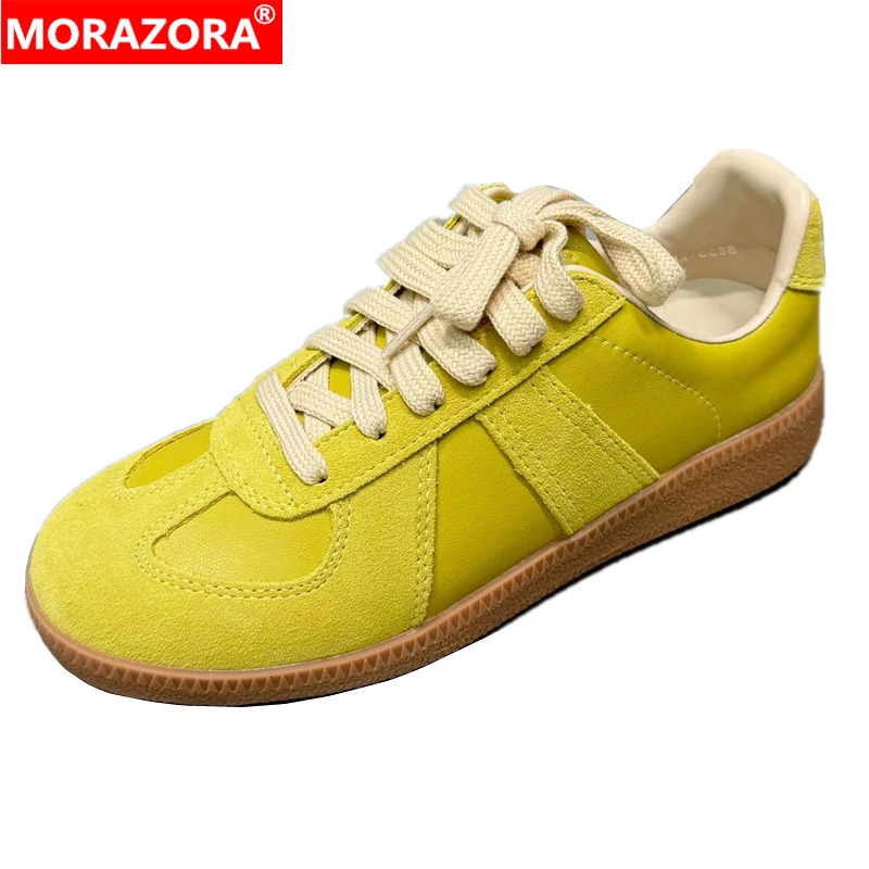 MORAZORA INS Fashion Cow Suede Leather Women Sneakers Yellow Pink Purple Lace Up Flat Sneakers Spring Summer Casual Shoes 250930