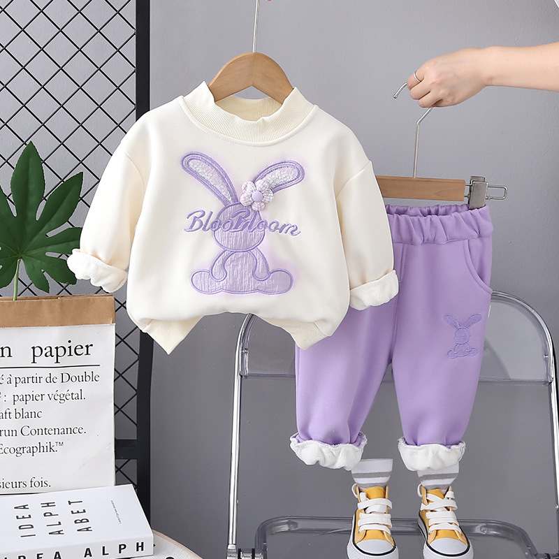 Toddler Girls' Winter Fleece-Lined Hoodie Set 2025 Korean-Style Fashion Thickened 2 Piece Outfit for Babies Pink Purple Khaki