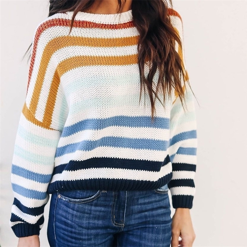 PEONFLY Female Korean Harajuku Sweater For Women Loose Colorful Striped Pullovers Sweater Women Casual Harajuku Jumper 201030wtt