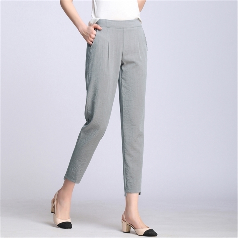 HLBCBG Women Casual Harajuku Spring Summer Plus Size Trousers Solid Elastic Waist Cotton Linen Pants Ankle Length Harem Pants 211112wtt