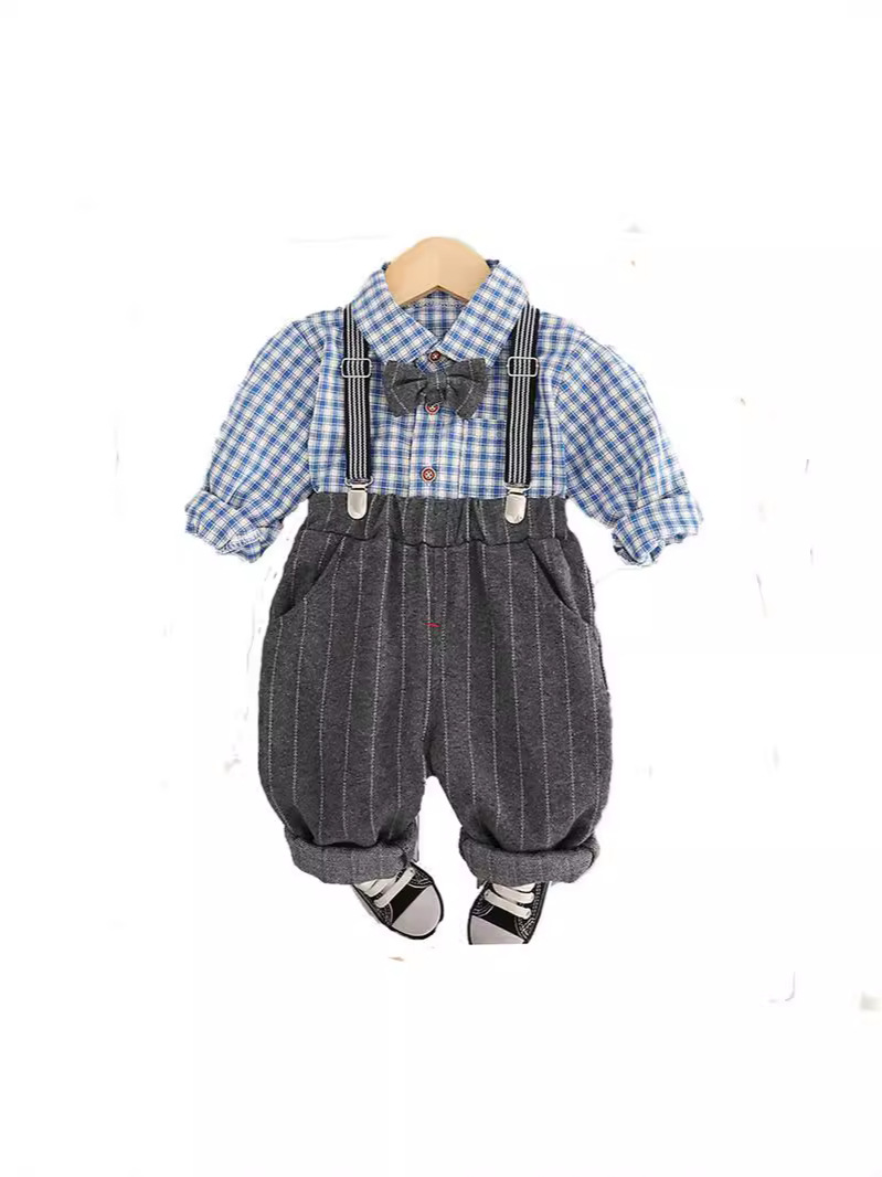 Trendy Toddler Boys' Plaid Long-Sleeve Suspender Pants Set Stylish Casual Outfit for Spring & Autumn 2025s free shipping