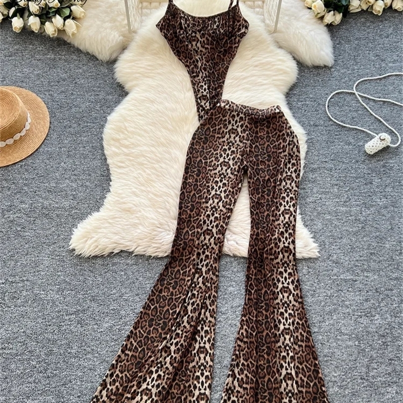 SINGREINY est Leopard 2pcs Suits Women Sexy Strap TopsElastic Waist Flared Pants American Ins Fashion sweet Sets 250120wtt