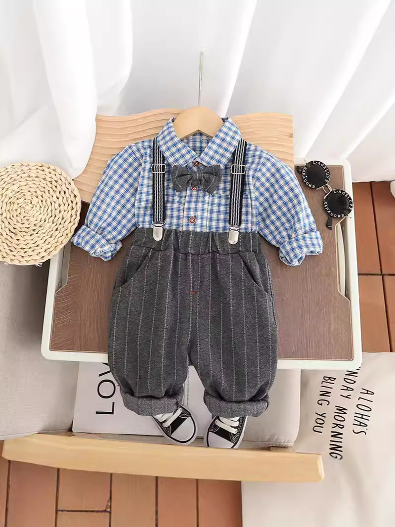 Trendy Toddler Boys' Plaid Long-Sleeve Suspender Pants Set Stylish Casual Outfit for Spring & Autumn 2025s free shipping