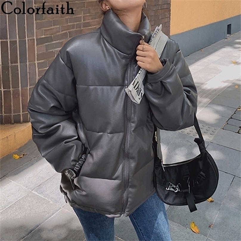 Colorfaith New Autumn Winter Women Jackets Quilted Puffer Parkas High-Quality Warm PU Leather Oversize Short Coat CO935 201110wtt