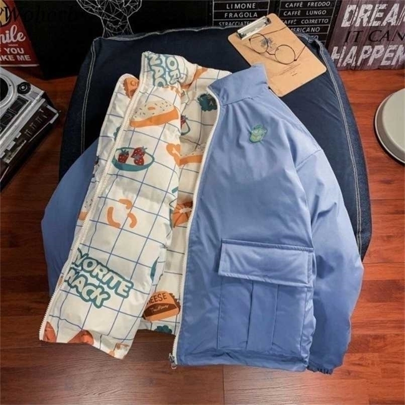 Woherb Reversible Parka Women Harajuku Winter Jackets Cartoon Print Padded Coat Vintage Loose Wadded Jacket Mujer Chaqueta 211007wtt