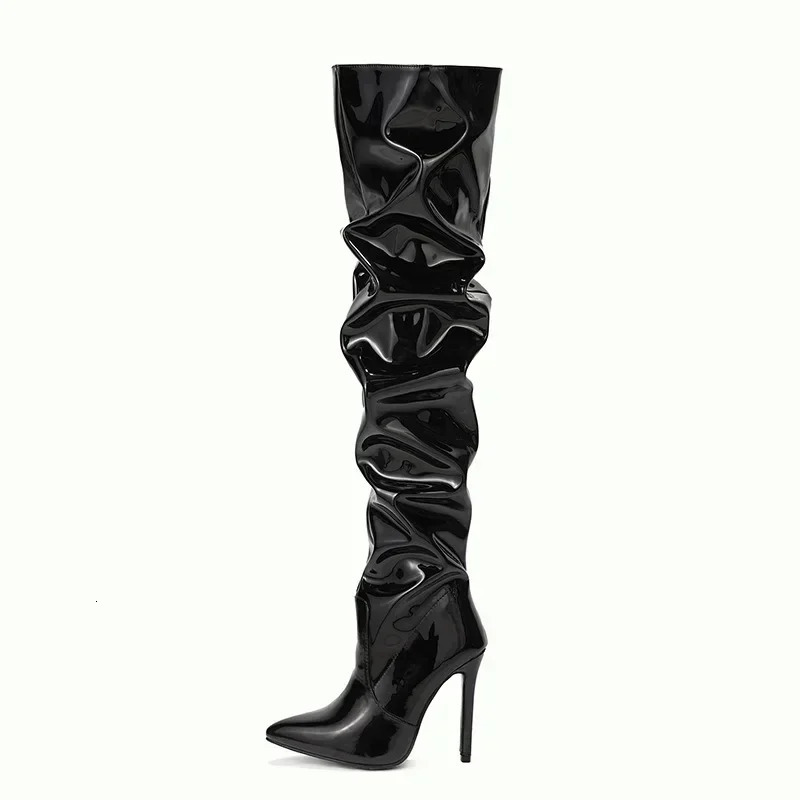 Overtheknee Boots Women Fashion Pointed Toe Black Side Zipper Thin High Heels Female Shiny Pleated High Heel Botas 250930