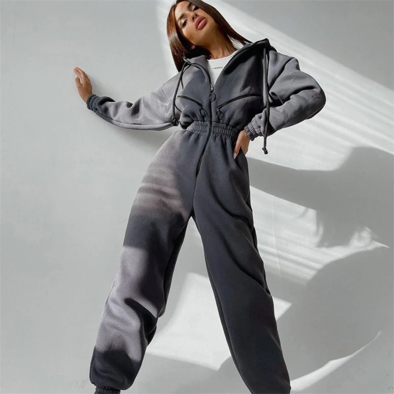 Female Long Sleeve Buttoned Jumpsuits Autumn Winter Casual Overalls Fleece Sport Jumpsuit Women Playsuit Sportswear 241018
