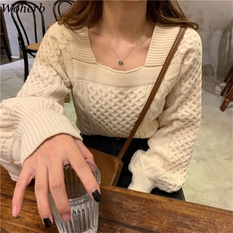 Woherb Vintage Twist Knitted Sweater Women New Square Collar Pullovers Korean Chic Puff Sleeve Tops Jumper Sweet Pull Femme 201030wtt