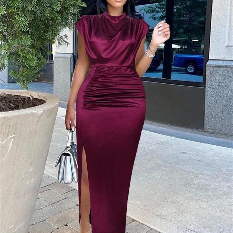 Women Dress Pleated Long Wine Red Elegant Slit High Collar Slim Fit Sleeveless Maxi Robes Female Shiny Gowns Party Spring 250208