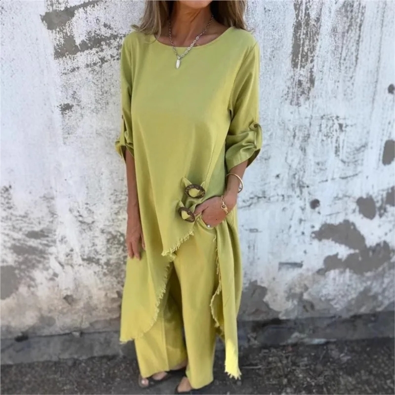 Women Linen Long Pants Sets Fashion Solid Casual Irregular Tops Wide Leg Pant Suits Office Lady 2 Piece Loose Clothes 250120