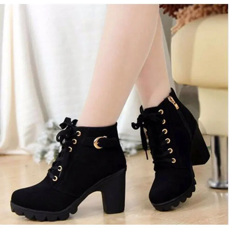 2024 Spring Winter Women Pumps Boots High Quality Laceup European Ladies Shoes PU Heels Fast Delivery 250930