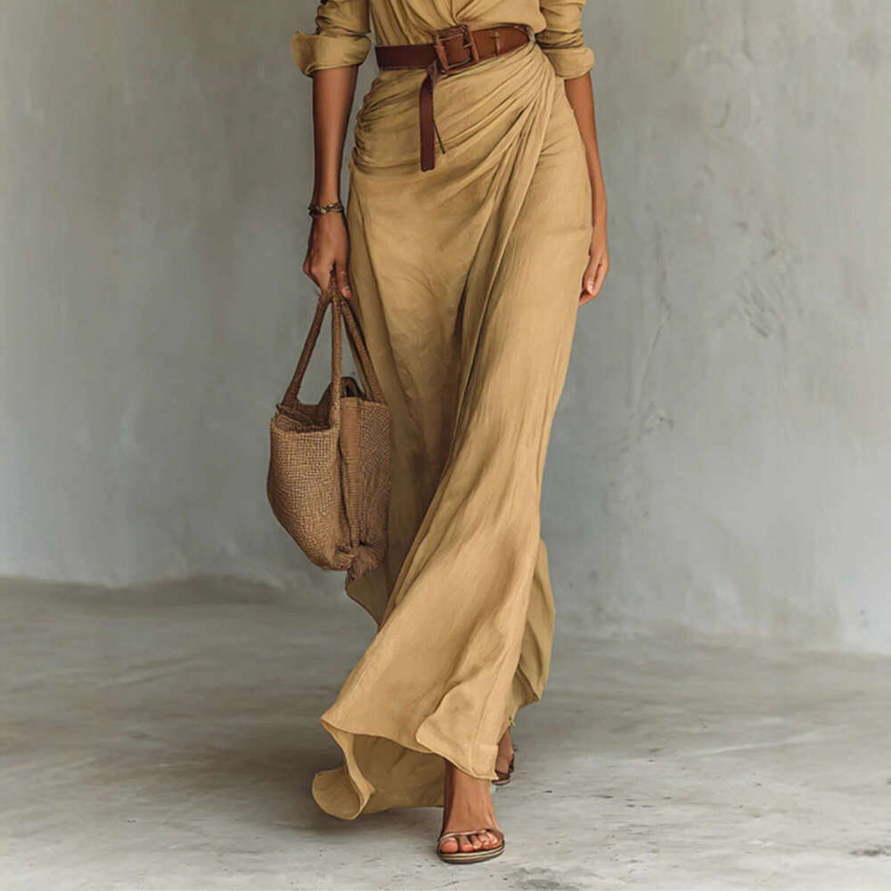 2025 European and American Women's Fashion Autumn Elegant Temperament Sexy Solid Color Irregular Pleated Slit Dress