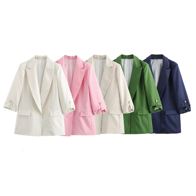 ZAR4 Summer Womens Versatile and Stylish Loose Casual Simple Roll Sleeved Linen Blended Suit Coat 250208wtt