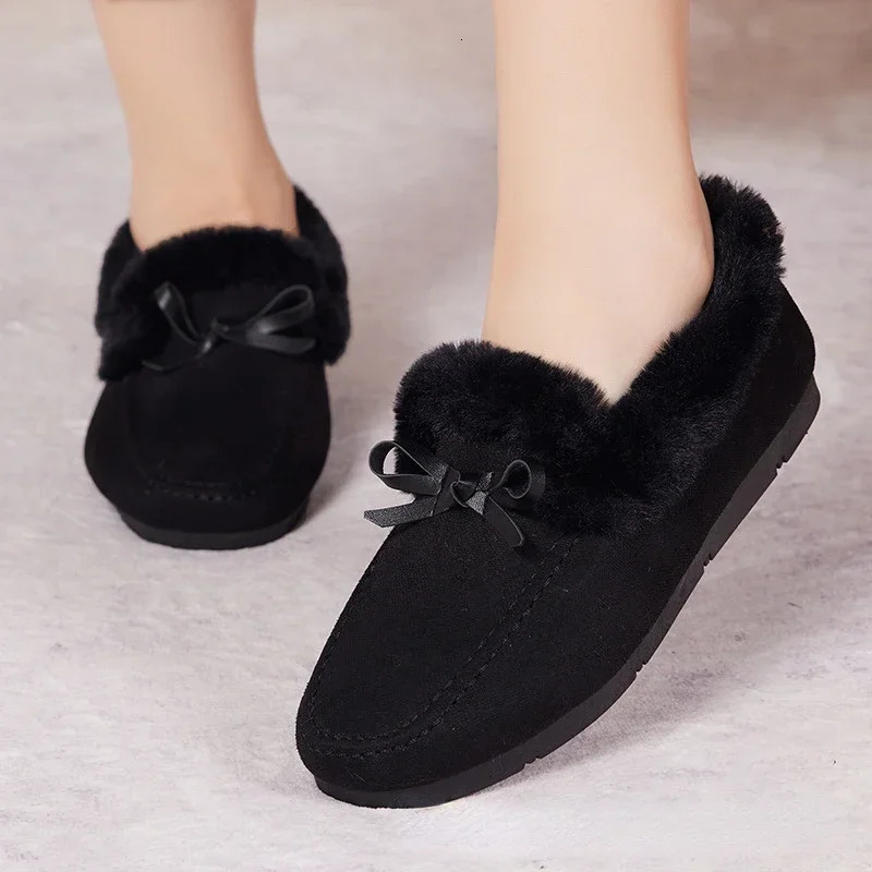 Women Winter Casual Shoes Moccasins Soft Flat Nonslip Loafers Fashion Comfort Warm Plush Bow Slip on Female Cotton Shoes 250930
