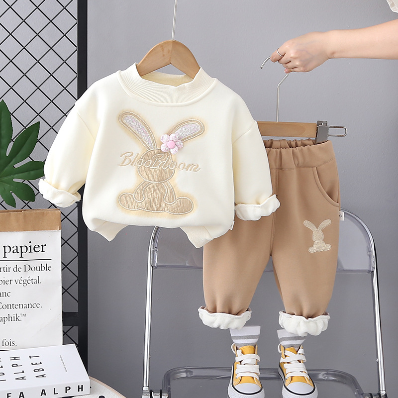 Toddler Girls' Winter Fleece-Lined Hoodie Set 2025 Korean-Style Fashion Thickened 2 Piece Outfit for Babies Pink Purple Khaki