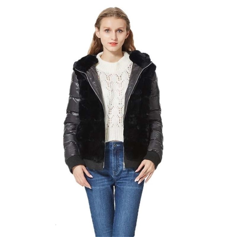 Real Rex Rabbit Fur Coat With Hood Down Jacket Sleeves fur bomber jacket Hooded with down coat women 210925wtt