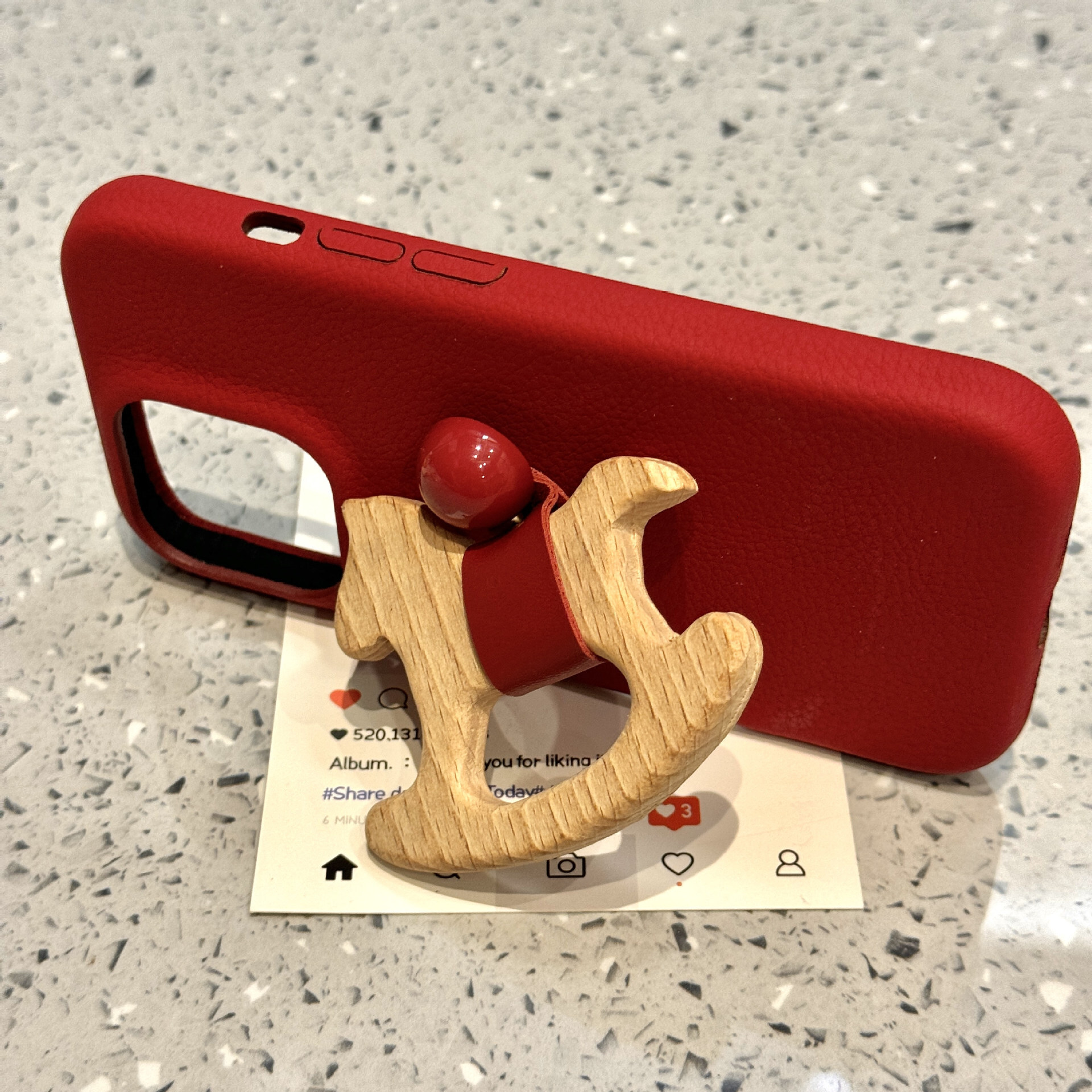 for iPhone 16 Pro Max Case with 3D Wooden Horse Ring Holder Kickstand Leather Touch Comfortable Handcrafted Cover for iPhone phone case