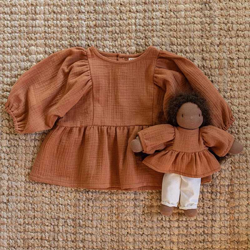 Autumn New Casual Large 34 Sleeves Girls Blouse 100 Organic Cotton Double Gauze Childrens Solid Loose Ruffle Tops TZ187 C251007