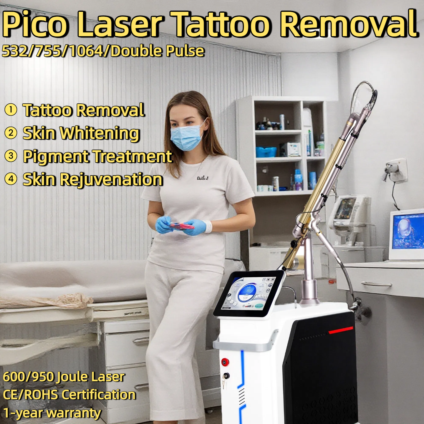 ND YAG Picosecond laser Machine 532/755/1064/Double Pulse Tattoo Removal Machine 600MJ/950MJ Skin Whitening Pigment Treatment Skin Rejuvenation Machin