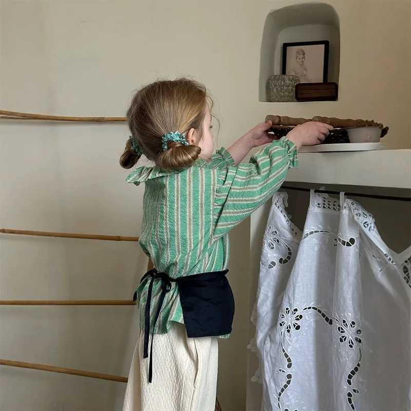 Retro Fashion Girl Blouse2025 New Green Striped Childrens Shirt Top Cotton Girls Shirt Boutique Childrens Clothing C251007