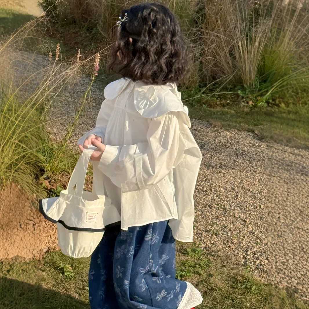 Childrens Shirt 2025 Spring New Girls Korean Fashion Solid Color Collar Flower Casual Loose Shirt Girls Clothes C251007