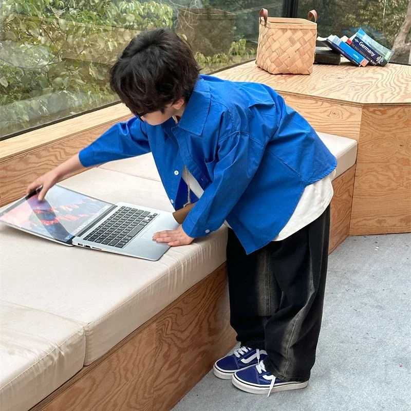 Korean Style Spring Autumn Shirts Solid Color for Boys and Girls with Flip Collar Single Breasted Casual Whitening Top H4107 C251007