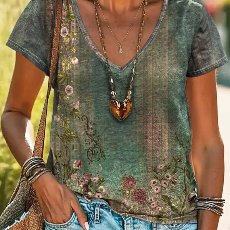 Women's Vintage Floral Print V-Neck T-Shirt - Casual Short Sleeve Milk Silk Top for Vacation-CF53585