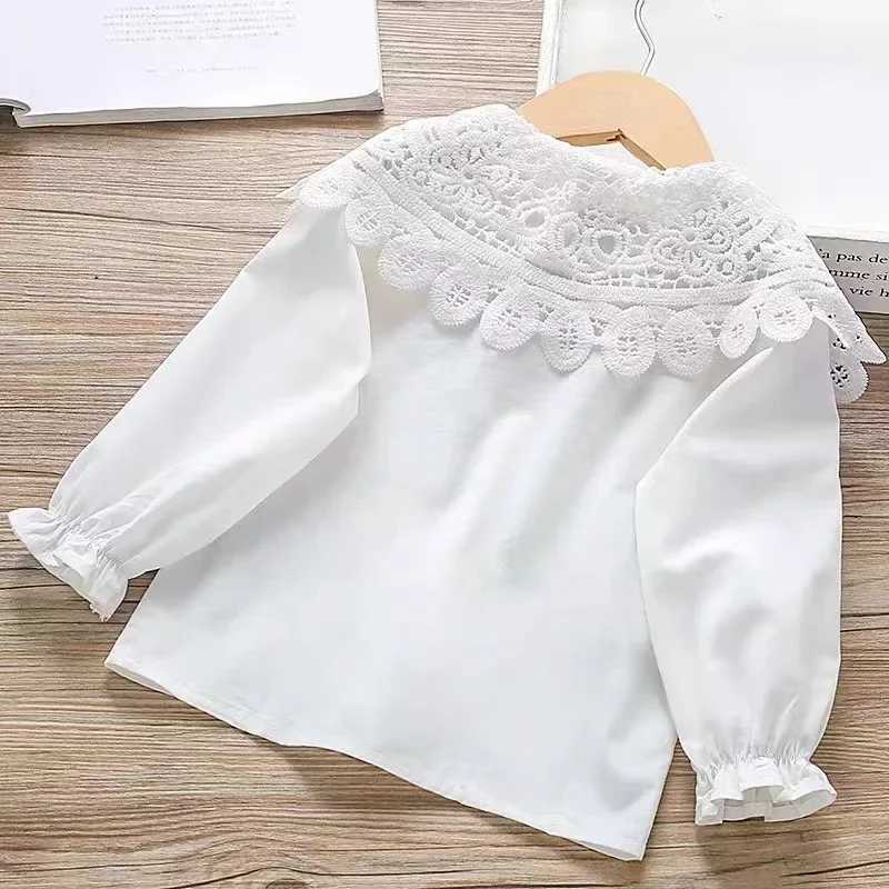 2025 Spring Baby Girls Lace Blouses Kids Button Up White Shirts Doll Collar Tops Autumn 1 To 12Yrs Childrens Casual Clothing C251007