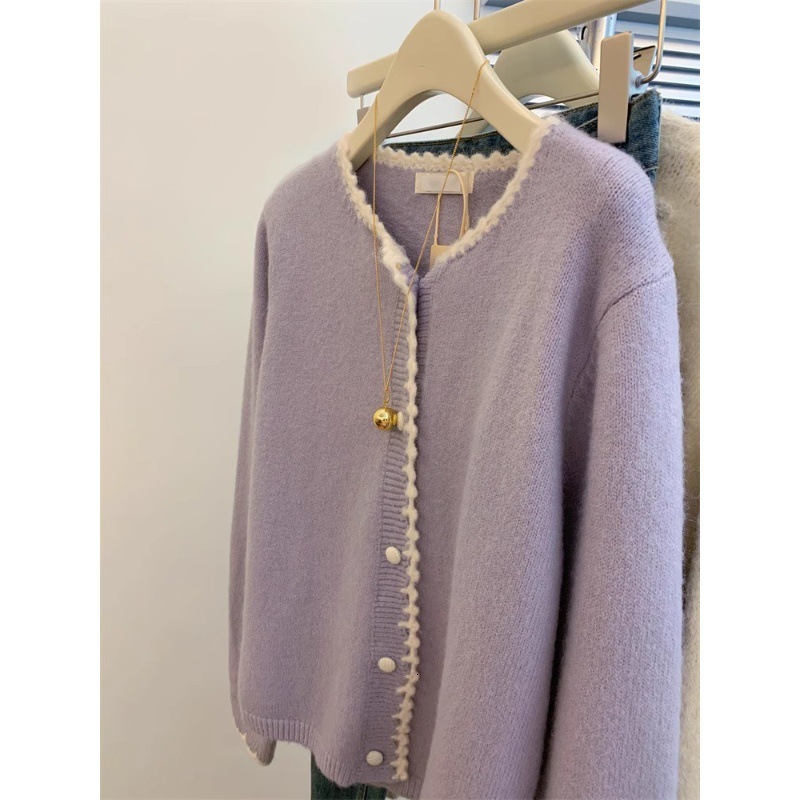 fashion 2025 round neck purple designer jacket, lace knitted cardigan, coarse wool short top, women's outdoor design sweater jacket, autumn and w