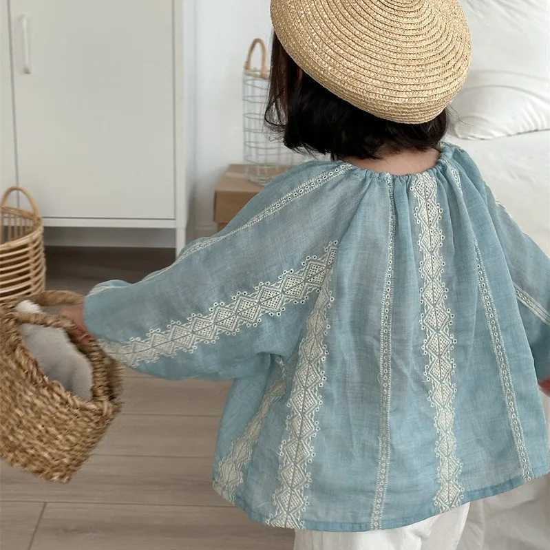 2024 Spring New Products Girls Embroidered Solid Color Shirt Korean Version Childrens Foreign Style Fresh Crew Neck Top C251007