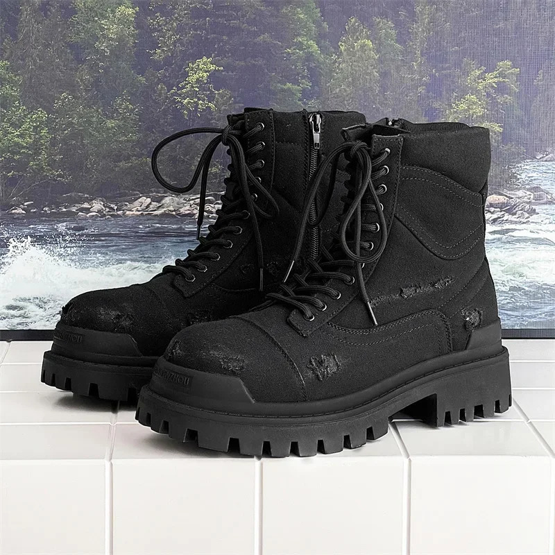 Autumn Winter Hightop Motorcycle Boots for Men Laceup Dotheold Thick Bottom Short Ankle Boots with Zipper Man Black Boots 250930