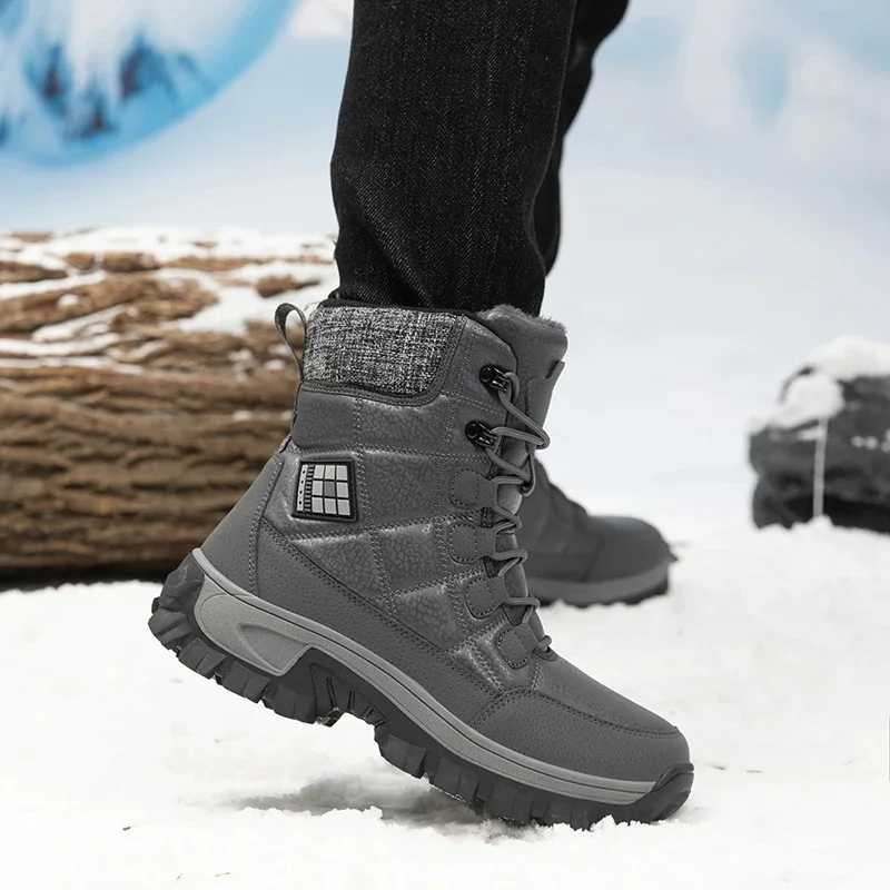 Mens Hiking Shoes Outdoor Mens Snow Warm Plush Boots Lace Up High Top Mens Waterproof Winter Ankle Boots AntiSlip J251007