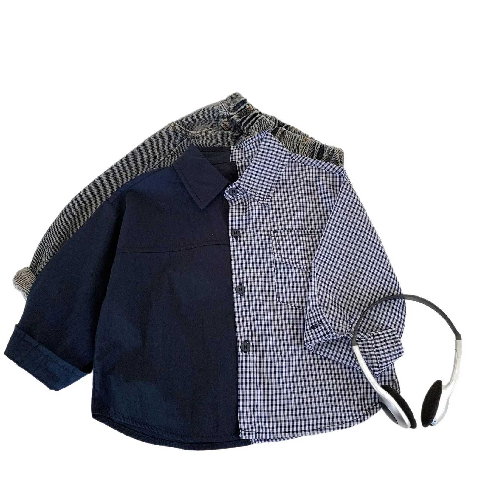 New Childrens Clothing 2025 Childrens Shirt Checkered Splicing Color Fashionable and Comfortable for Boys and Girls C251007