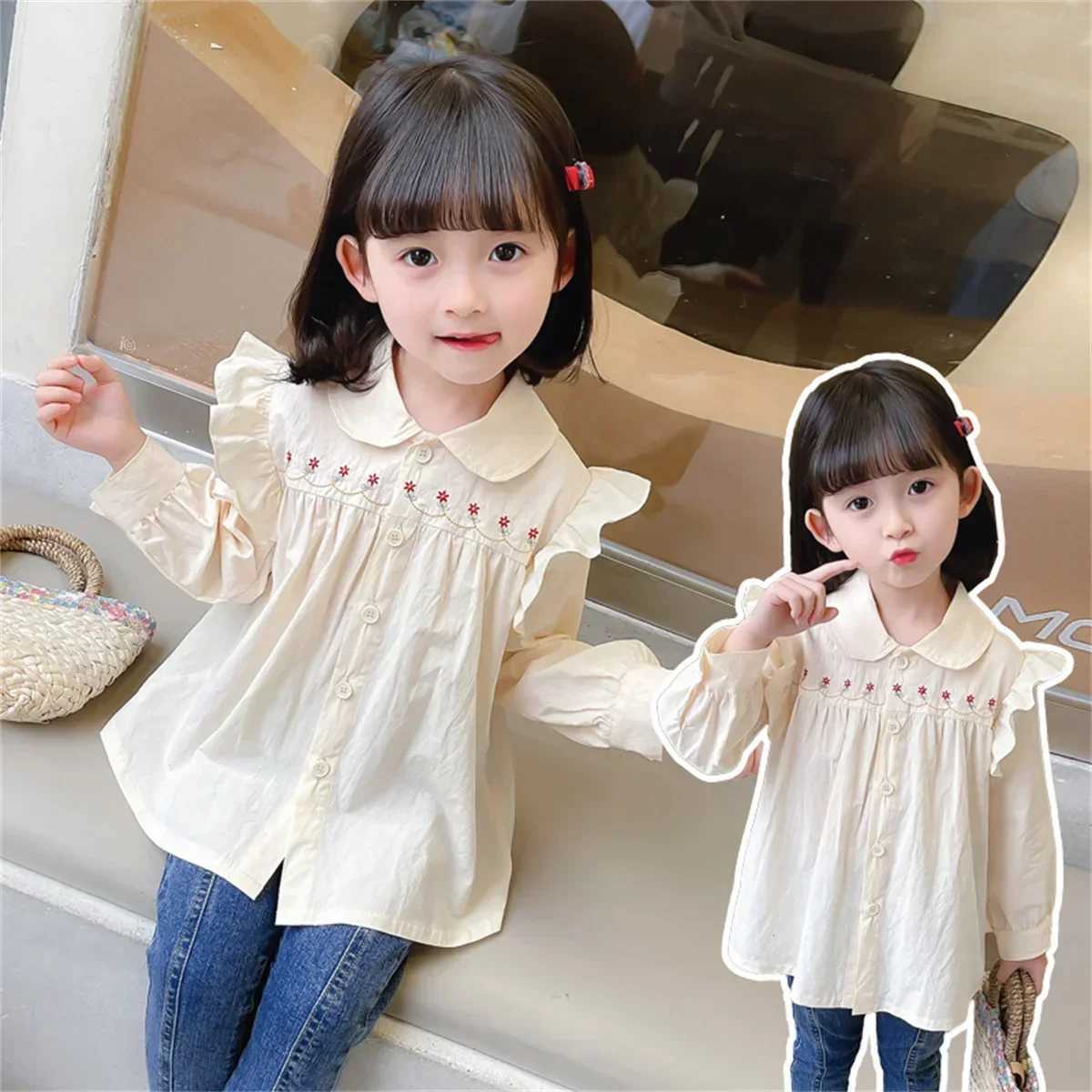Girls 05 years old Autumn New Girls Shirts Lace Pleated Flowers Decorated Doll Collar Blouse C251007