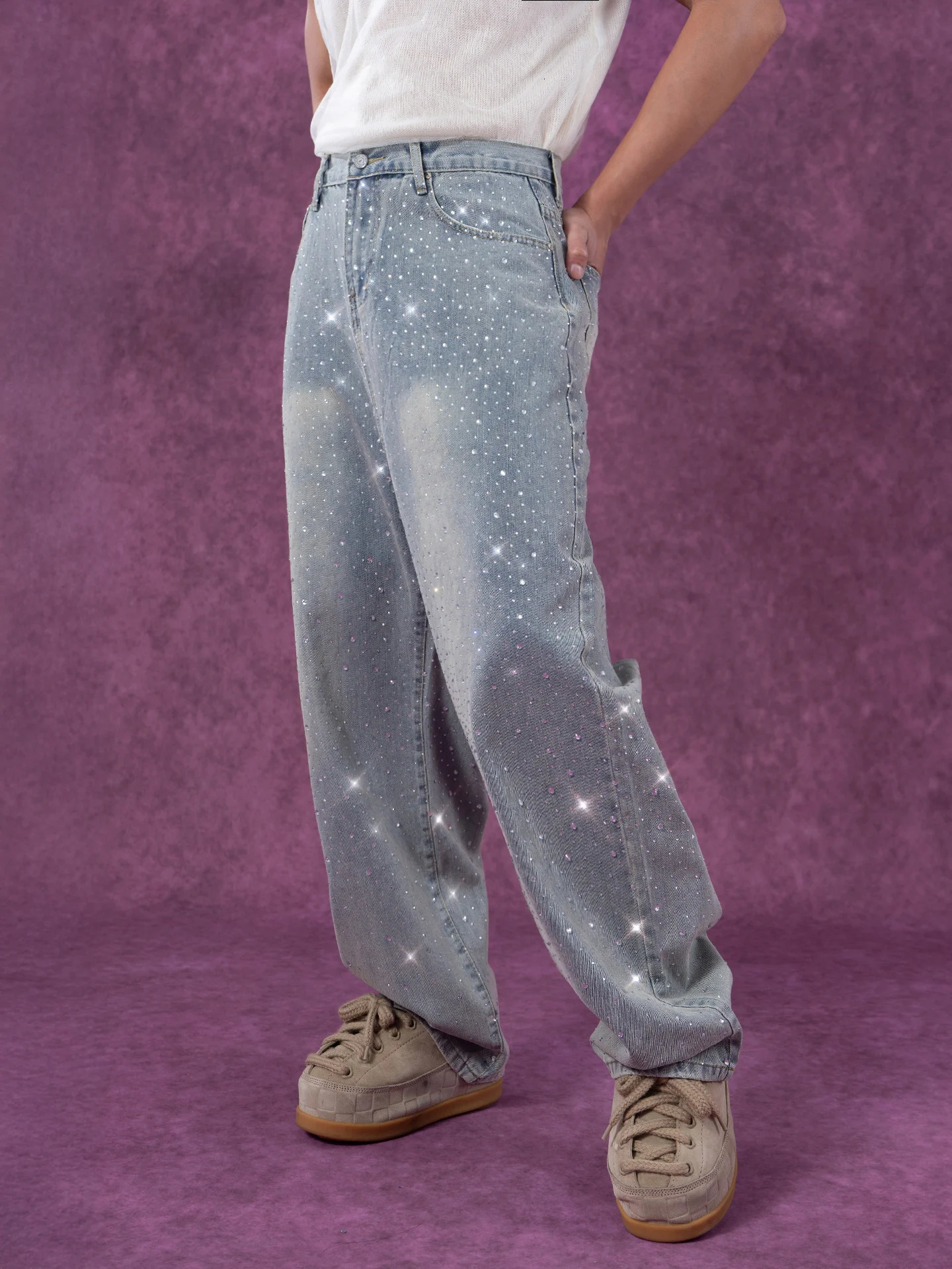2025 Men Loose WideLeg Straight Retro Trendy Jeans Sparkling Diamond Shiny Sequin Denim Trousers Handsome Stylish Denim Pants 250930