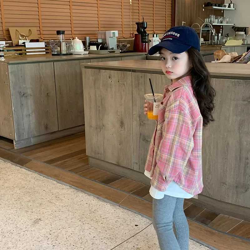 2023 Autumn New Fashionable Pink Plaid Sweet Girls Shirt Top Children Clothing Girls Shirt Coat Korean Style Long Sleeved C251007