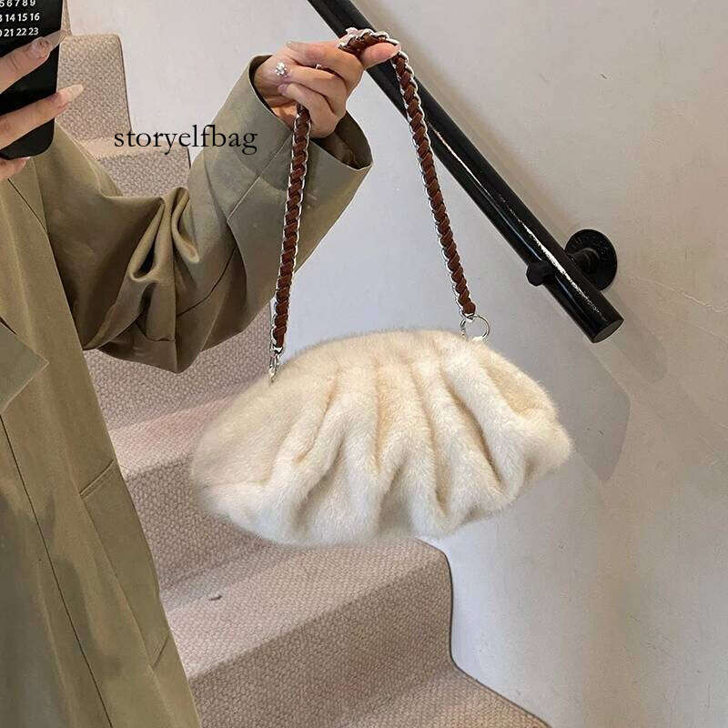 MOODS Pleated Design Faux Fur Shoulder For Women 2024 Designer Purses And Handbags Winter Warm Soft Plush Hobo Bags