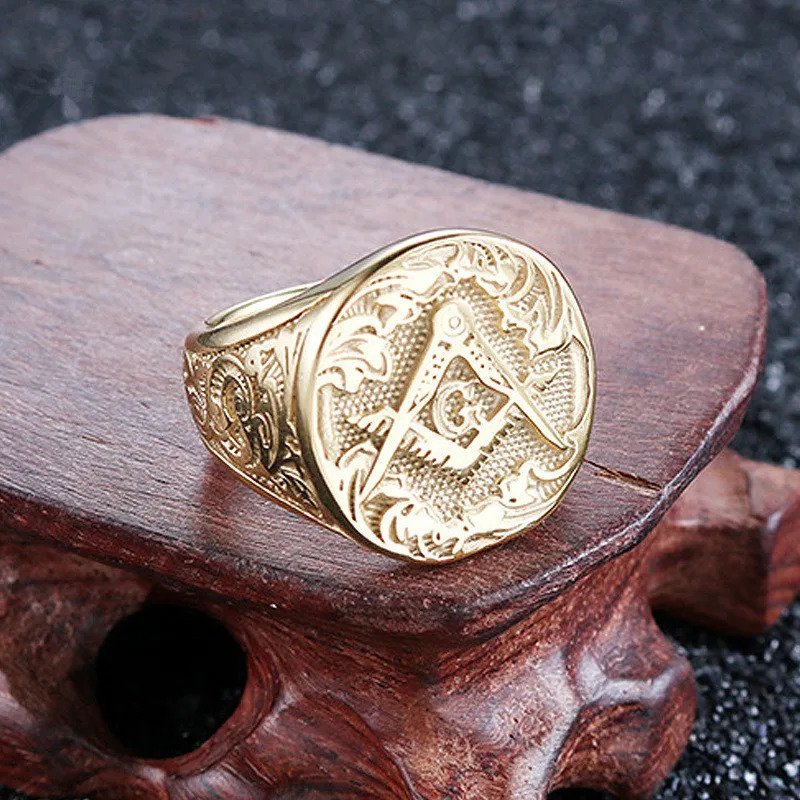 Vintage Men Gold Plated Masonic Ring Masonic Church Ring Mason Ring Hip Hop Punk Ring Banquet Jewelry Fathers Day Party Gift 250922