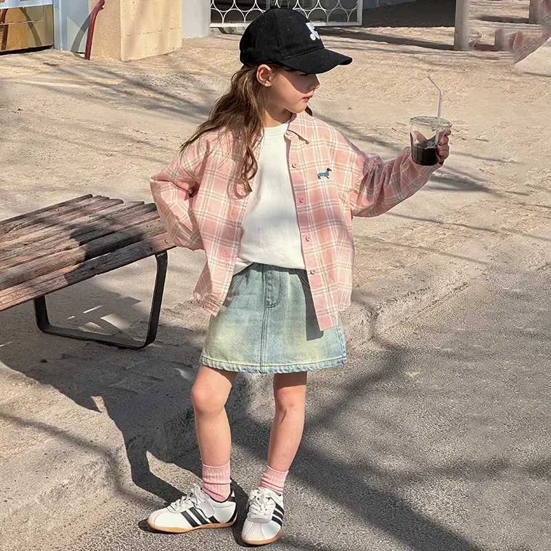 Pink Checkered Shirt Spring New Korean Allmatch Fashionable Cute Casual Sweet Plaid Shirt Coat Kids Clothes Girls C2510071