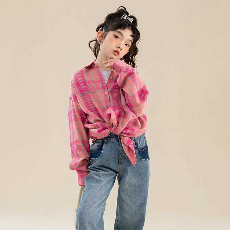 Fashion Casual Childrens Long Sleeve Pink Plaid Shirt for Girls Stylish Street Clothing Kids Spring Autumn Blouses Age 514Y C251007