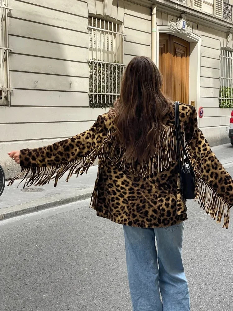 Fashion Leopard Printed Tassel Jacket Women Chic Lapel Collar Single Breasted Long Sleeve Cropped Coats Street Commute Outerwear 250922