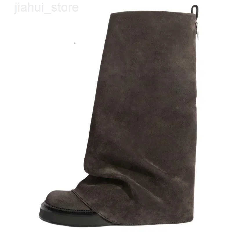 New Large Walled Flat Bottomed Round Toe Sleeve Knee High Pleated Womens Boots Retro Knight Boots Shoes for Women M251007