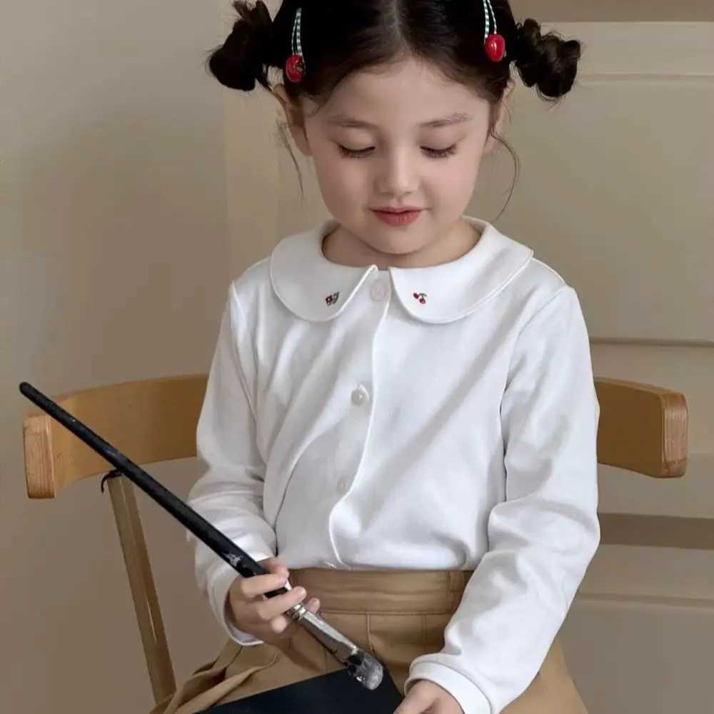 Autumn Winter Girls Shirt kids girls clothes Cherry and flower embroidered doll collar shirt white base cotton top C251007