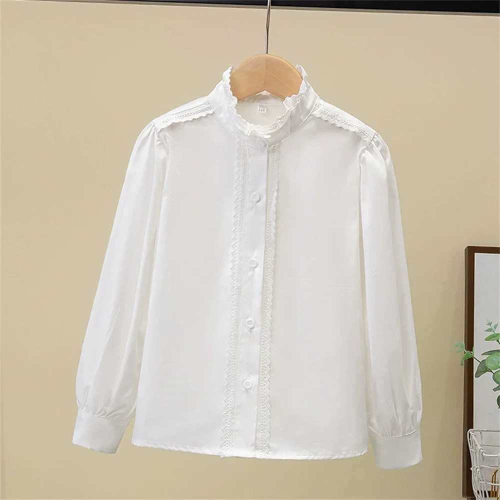 2025 Girls White Shirt Spring and Autumn Lace New Top Childrens Cotton Korean Female Student White Blouse for Girls clothes C251007