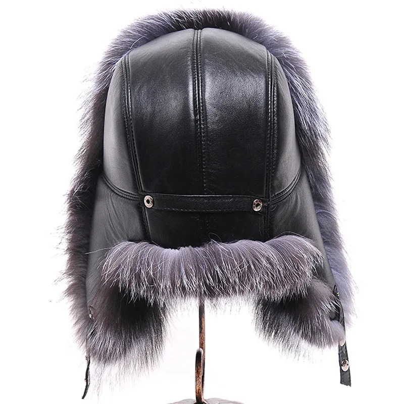 Winter Mens 100 Real Silver Fox Fur Bomber Hat Raccoon Fur Ushanka Cap Trapper Russian Man Ski Hats Caps Real Leather Top 250929