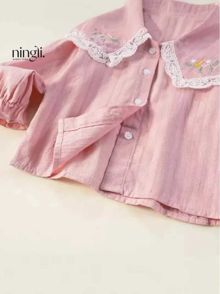 Girls White Shirt Lapel Childrens New Autumn Embroidered Shirt Baby Girl Trendy Long Sleeve Top C251007